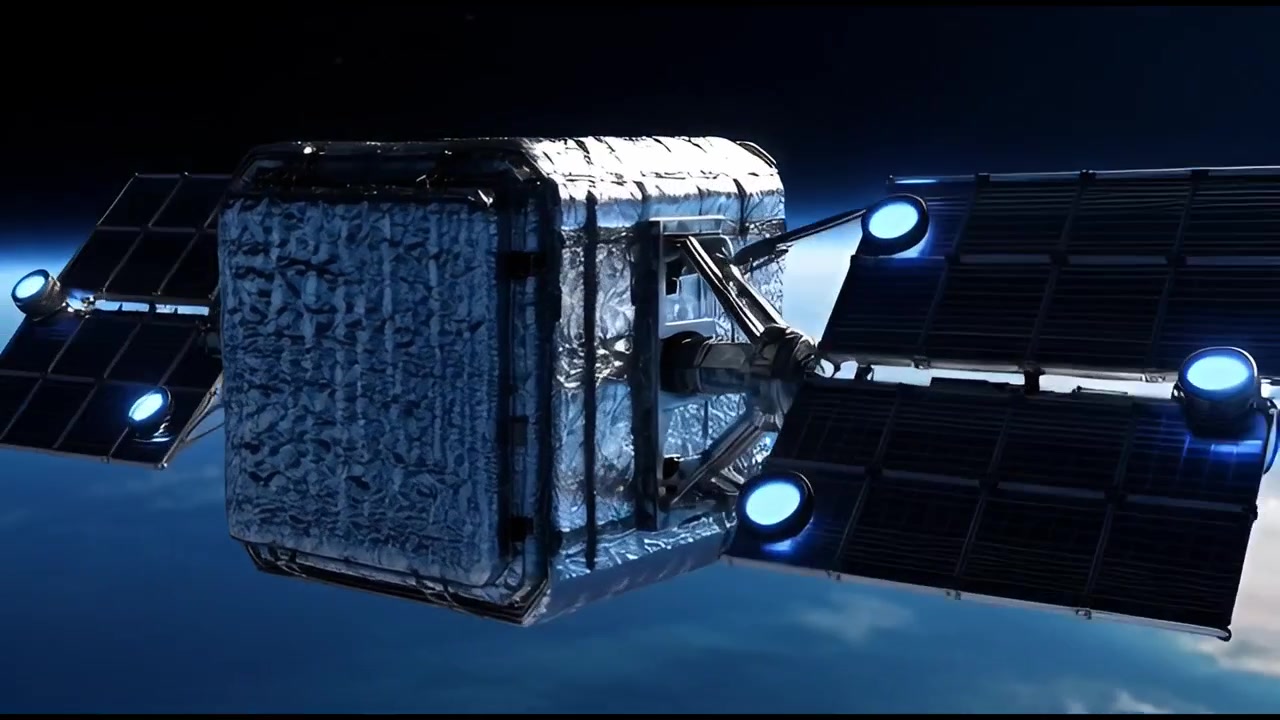 Pokročilý satelit rozkládající solární panely na oběžné dráze Země
