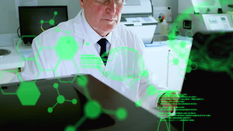 Animation of data processing and human brain spinning over male scientist using computer
