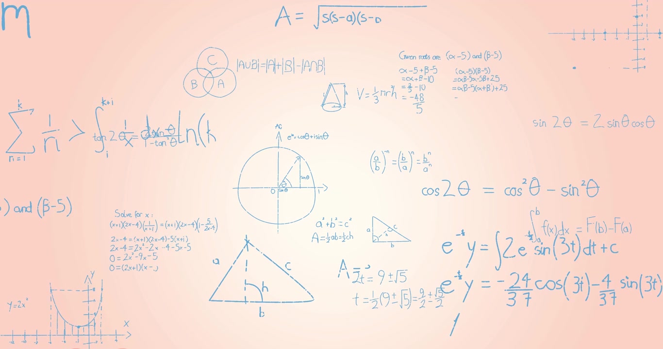 Animazione di equazioni matematiche e formule che fluttuano su uno sfondo sfumato rosa
