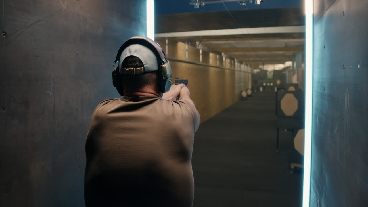 hombre practicando tiro con pistola en un campo de tiro