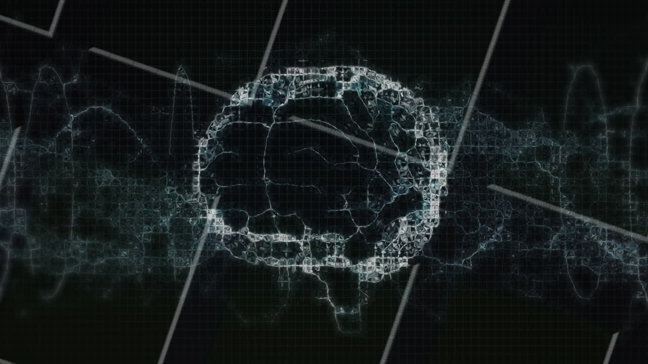Digital animation of human brain spinning against white lines on black background