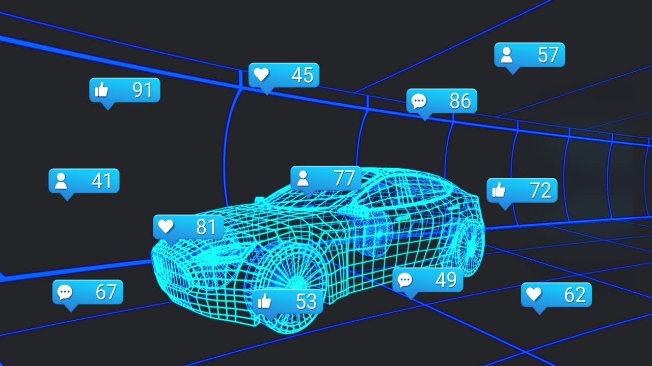 Grid tunnel appearing initiating wireframe sedan attracting icons counting reactions for engagement
