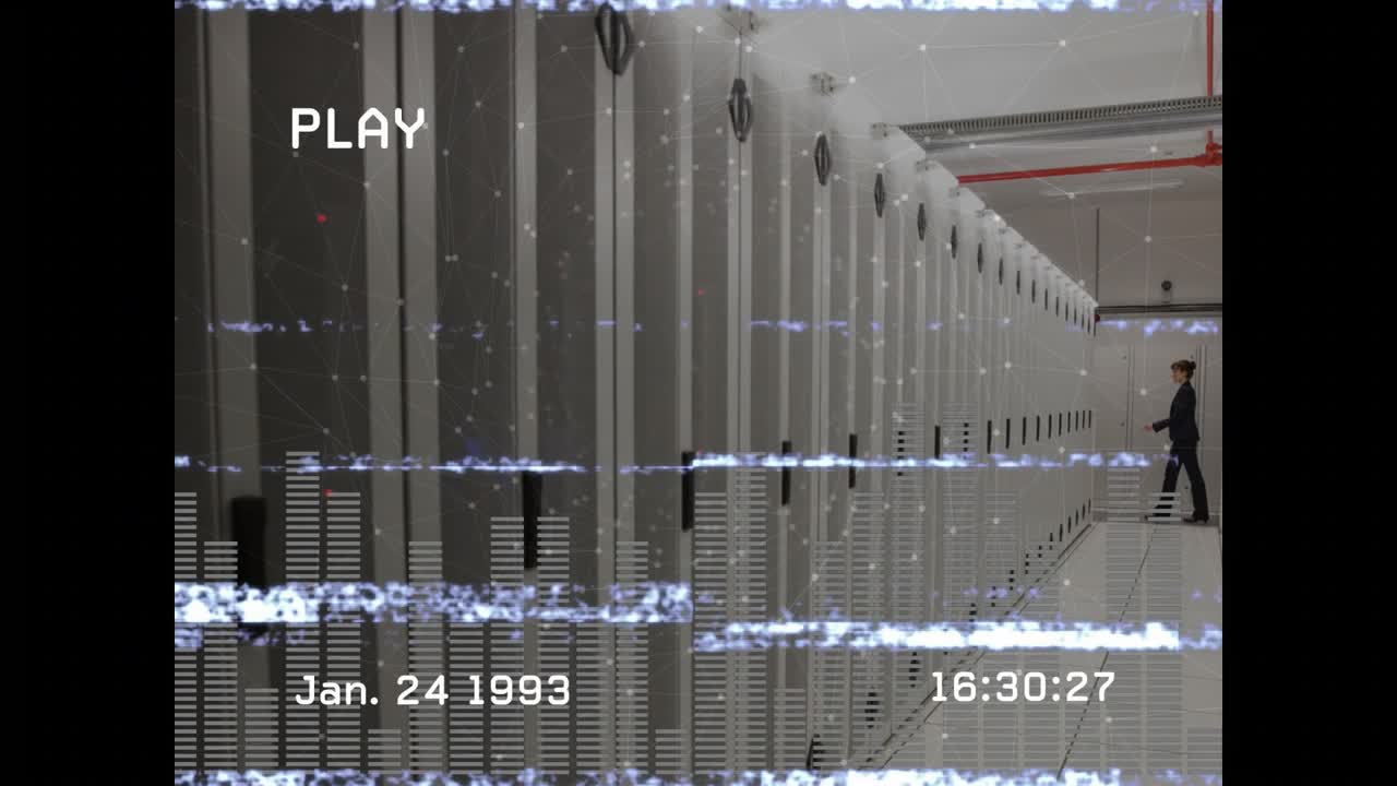 VHS overlay starting on server aisle, technician checking cabinets with glitch and audio bar