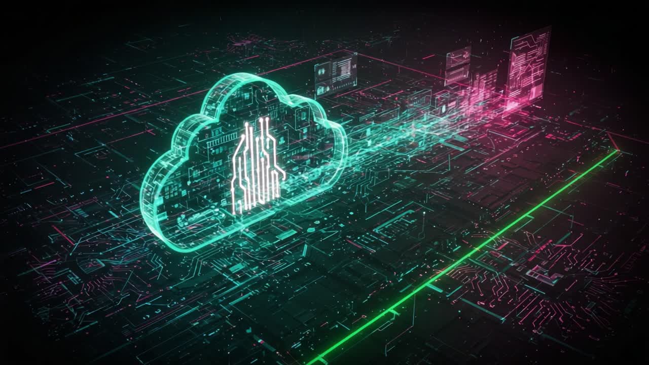 Futuristic Digital Cloud Network Showcasing Data Transfer, Circuitry, and Technology Connectivity in a Neon-Inspired Landscape of Bits and Bytes