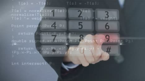 animación de una mujer de negocios caucásica tocando una pantalla interactiva con procesamiento de datos y dígitos