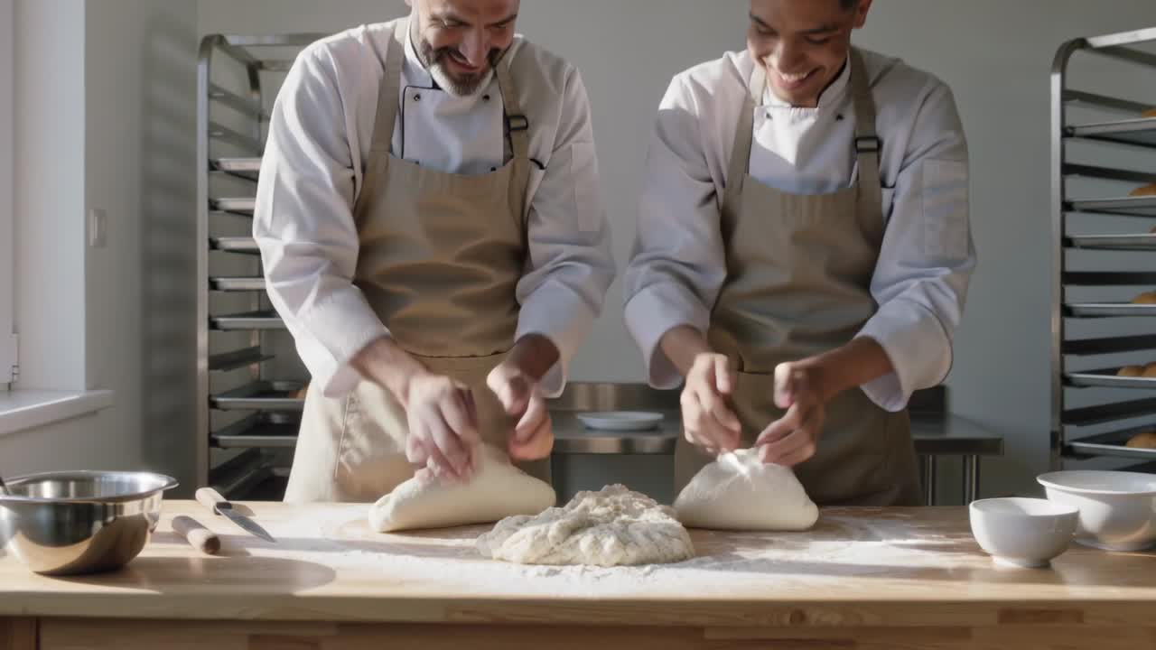 Pressionando a parte central da massa, dois padeiros com jalecos brancos de chef e aventais bege formam pães para assar.