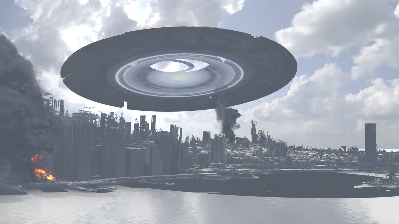 UFO Hovers Over a Dystopian, Destroyed City