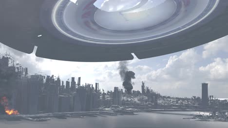 ufo hovers over a dystopian, destroyed city