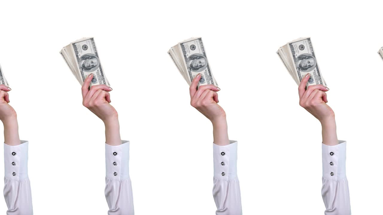돈, 현금, gif 애니메이션, 클로즈업, 여성 손,  블라우스, 백 달러 지폐 어리를 들고, 그들을 흔들고,  바탕에 고립되어,  모양의 이 없는 패턴, 애니메이션