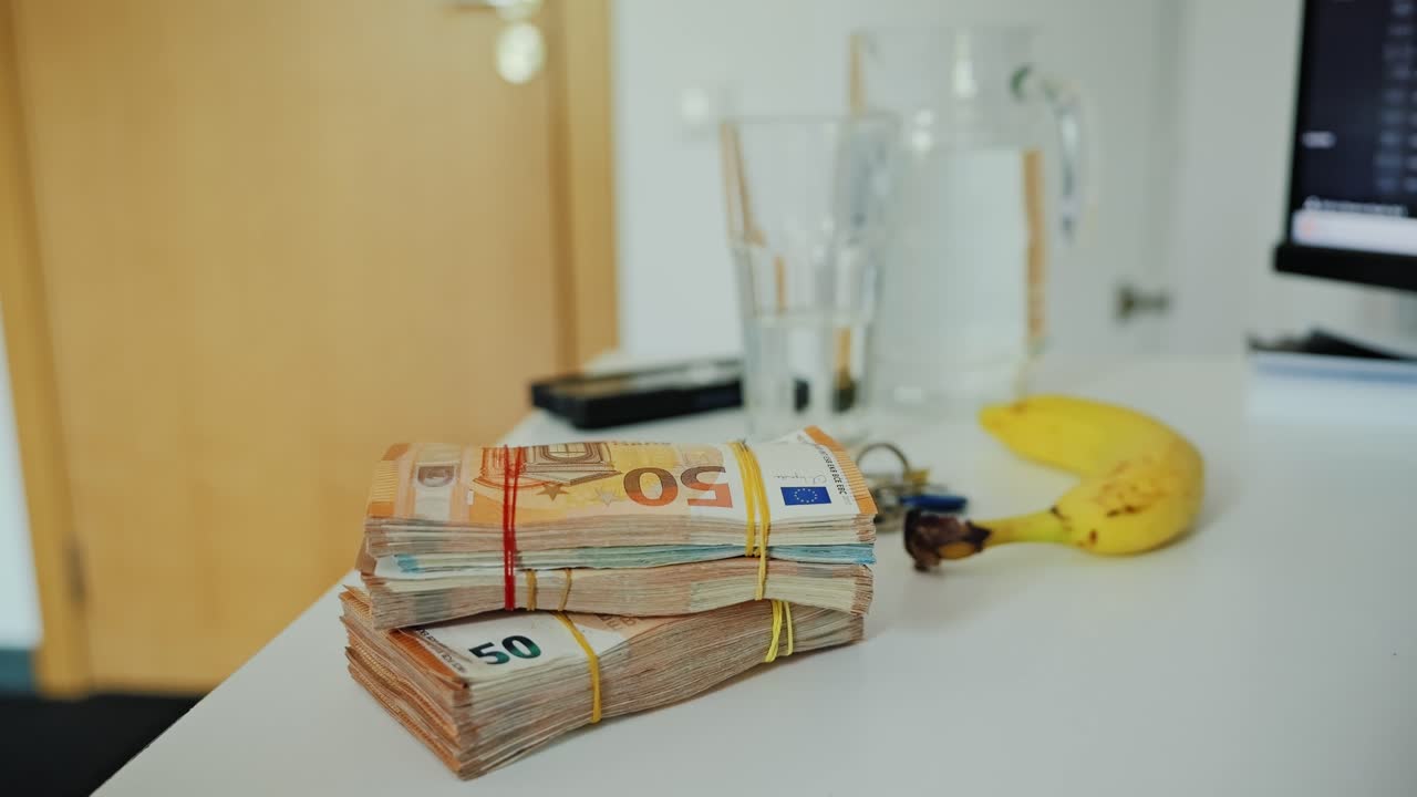 Slow motion close-up of euro cash pickup with banana, glass, and monitor visible