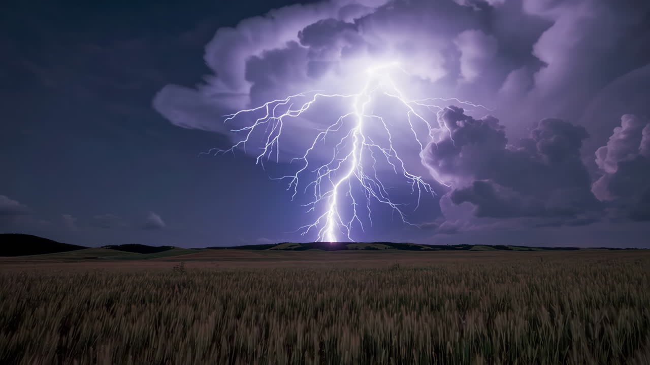 Lightning Strike over a Wheat Field at Night | Premium Stock Video Footage