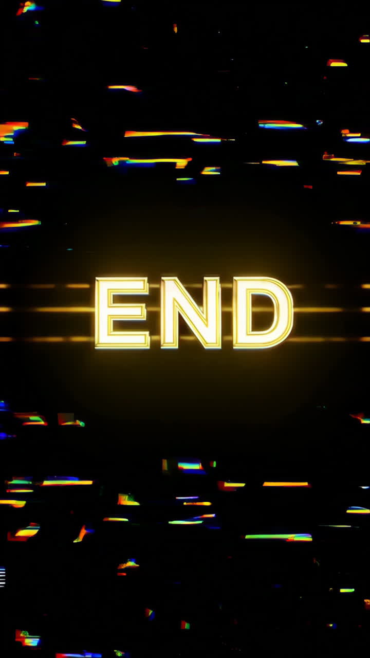 Golden 'END' Title Card with Glitch Effect