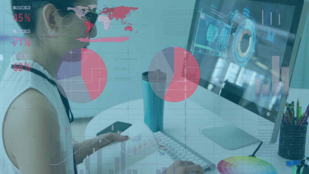 animación del procesamiento de datos financieros sobre una mujer de negocios asiática en la oficina