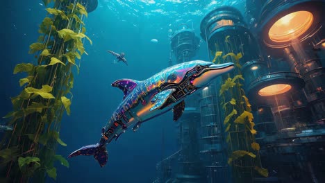 robotic dolphin in a futuristic underwater city