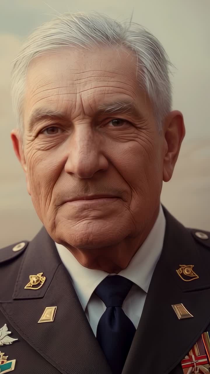 Vertical video: Holding vet in uniform making turns with camera zooming for portrait showing medals