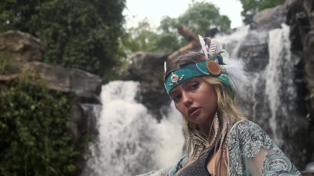 mujer en la naturaleza, cerca de una cascada, con una cinta para la cabeza boho