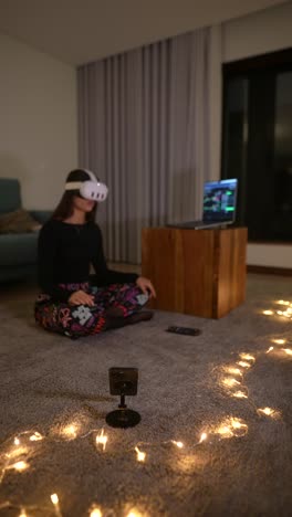 woman using vr headset in living room