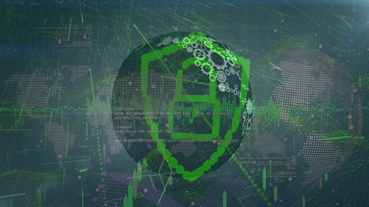 animación del icono del candado de seguridad sobre el globo giratorio, mapa del mundo y procesamiento de datos