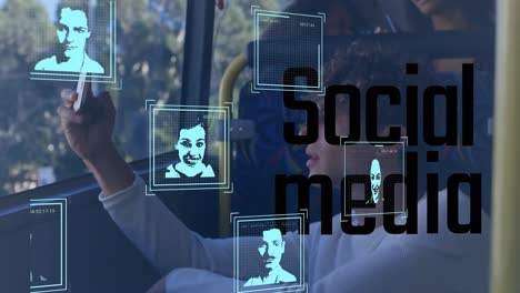 animation of people icons and social media text over caucasian man in bus