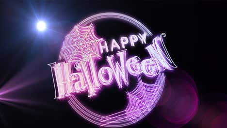 Animación-De-Feliz-Halloween-Y-Telaraña-Sobre-Luces-Sobre-Fondo-Negro