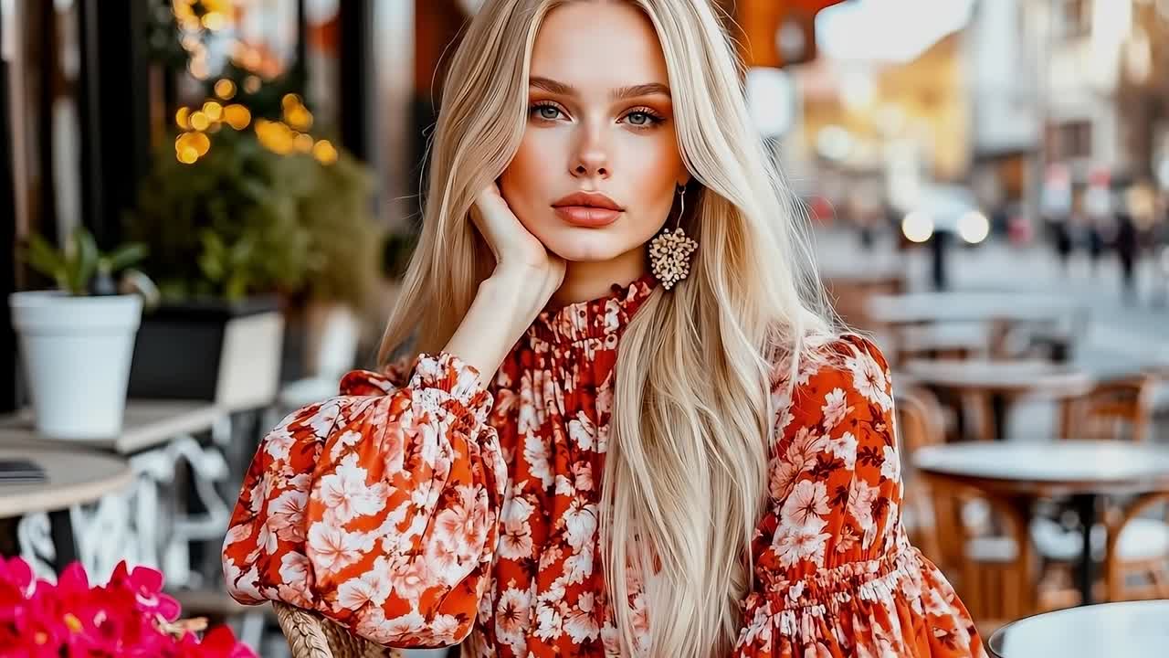 A woman in a floral dress sitting at a table in a cafe