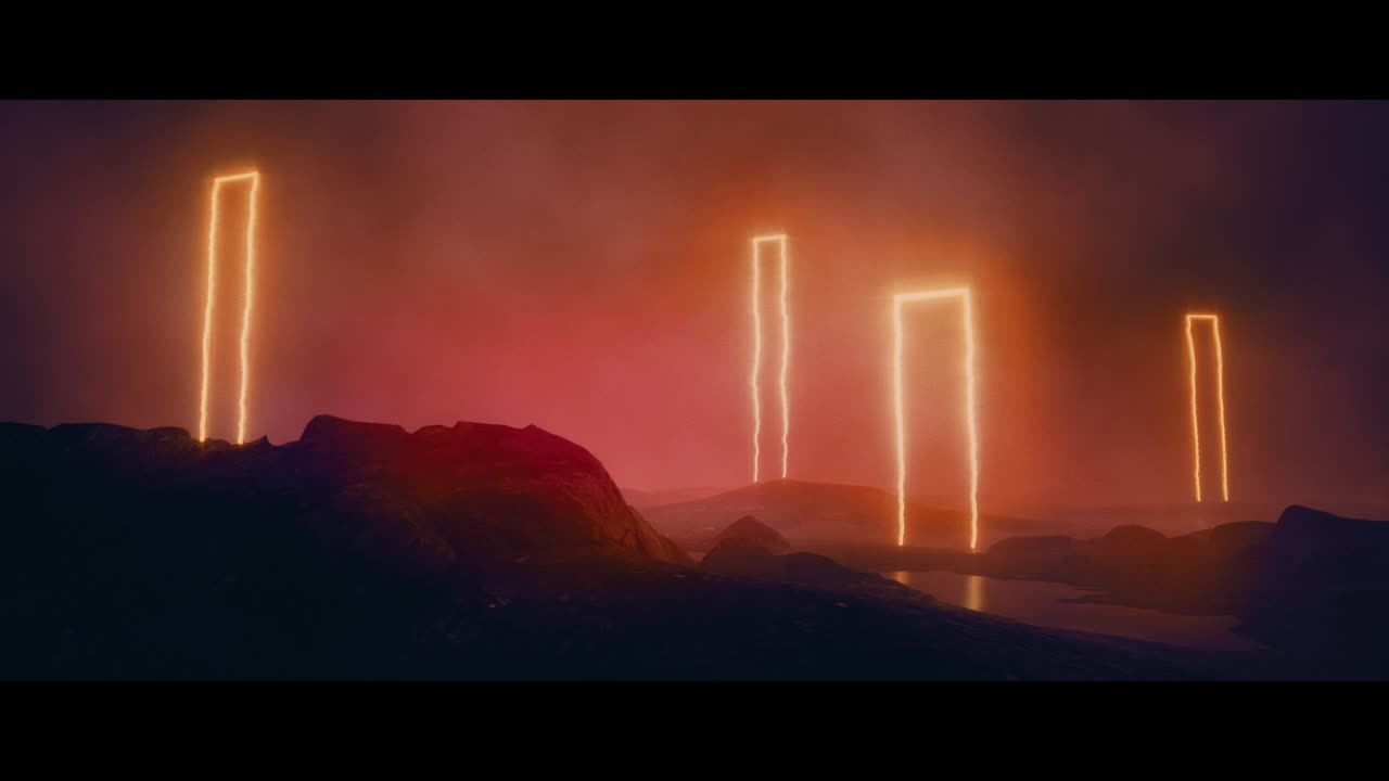 Rocky landscape with huge red light portal structures