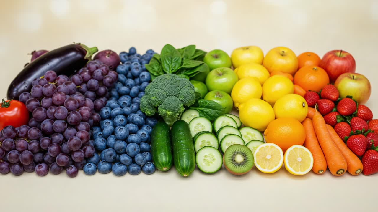 A Vibrant Array of Fresh Fruits and Vegetables Showcasing Nature's Bounty: A Colorful Display of Healthy Eating from Purple to Red Including Grapes, Broccoli, Carrots, and More