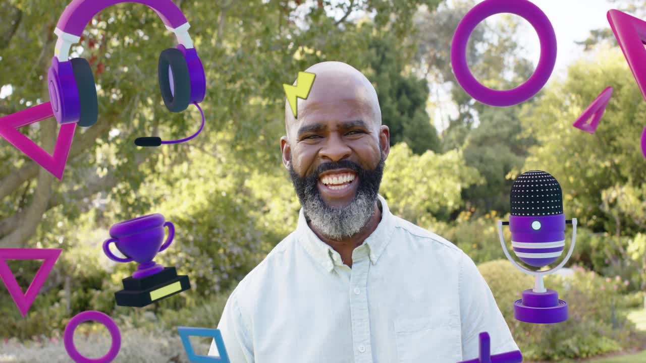 Man smiling in garden with gaming icons appearing from edges orbiting obscuring face, adding appeal