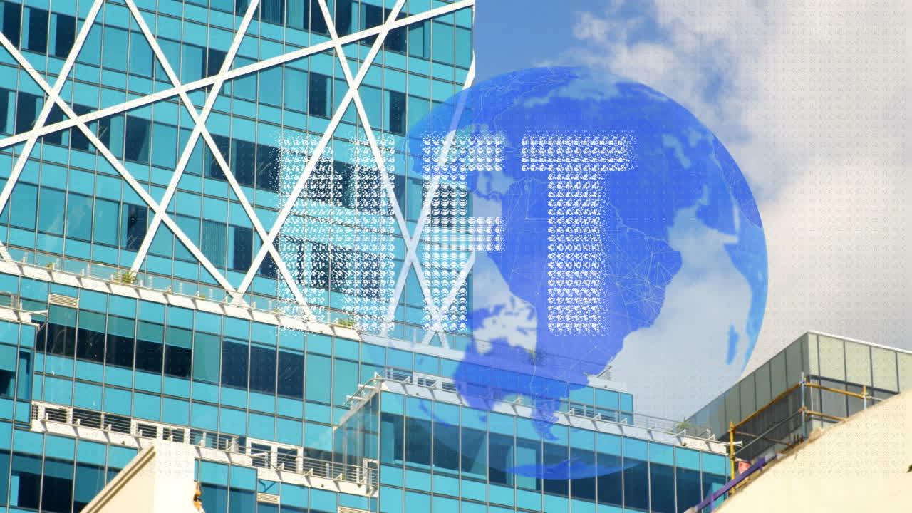 3D-render digital globe overlaying facade, showing wireframe data glowing against white braces