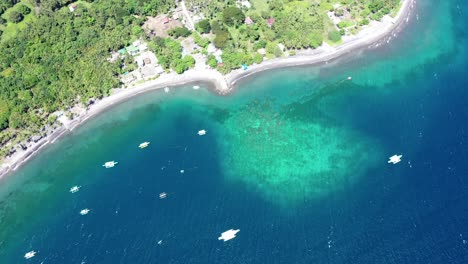 Vista-Aérea-De-Pájaro-De-Barcos-Flotando-En-Hermosas-Aguas-Turquesas-Y-Azules-Sobre-Un-Arrecife-De-Coral,-Con-Costa-Tropical-Verde,-Concepto-De-Viaje