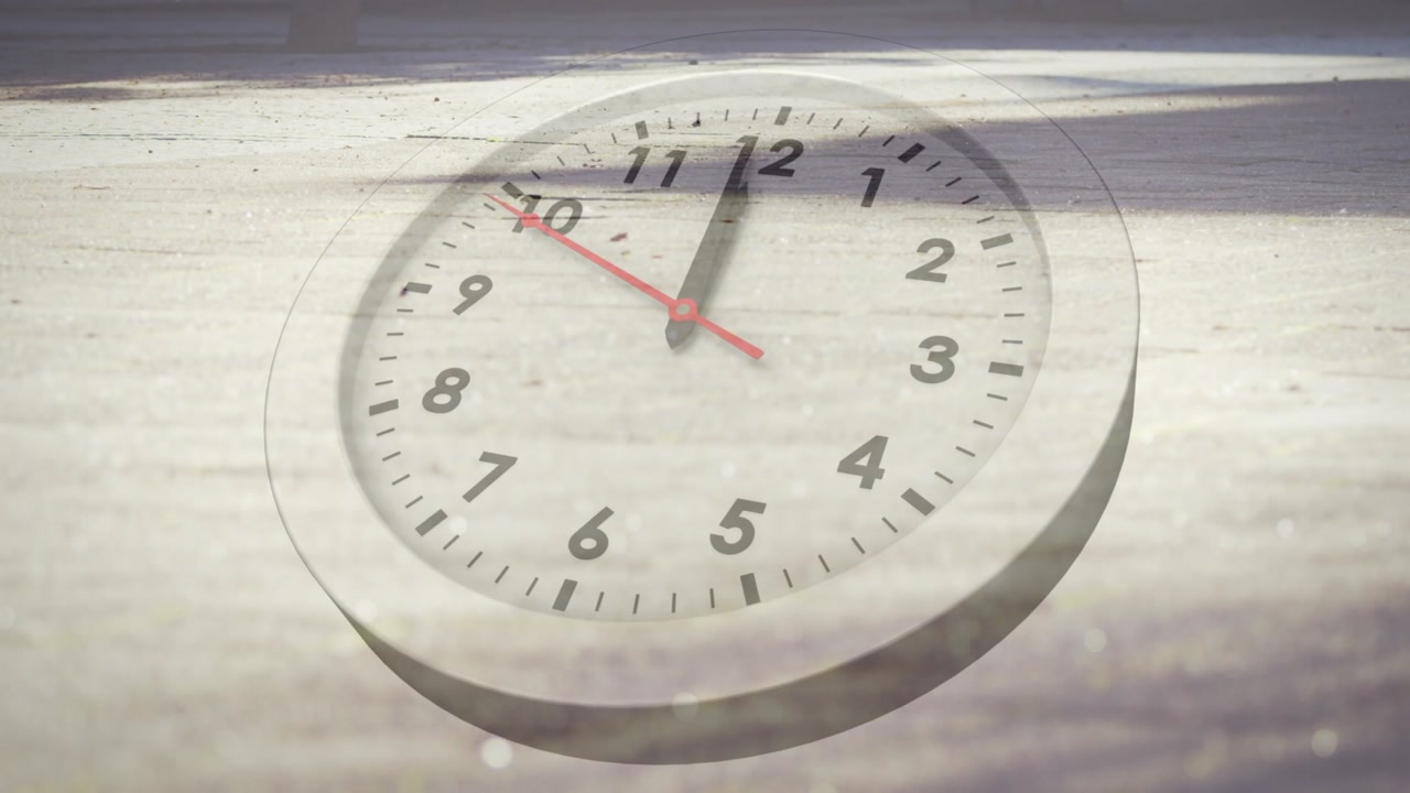 Clock overlay centering plaza, sun casting shadows, hands advancing showing time, legs crossing