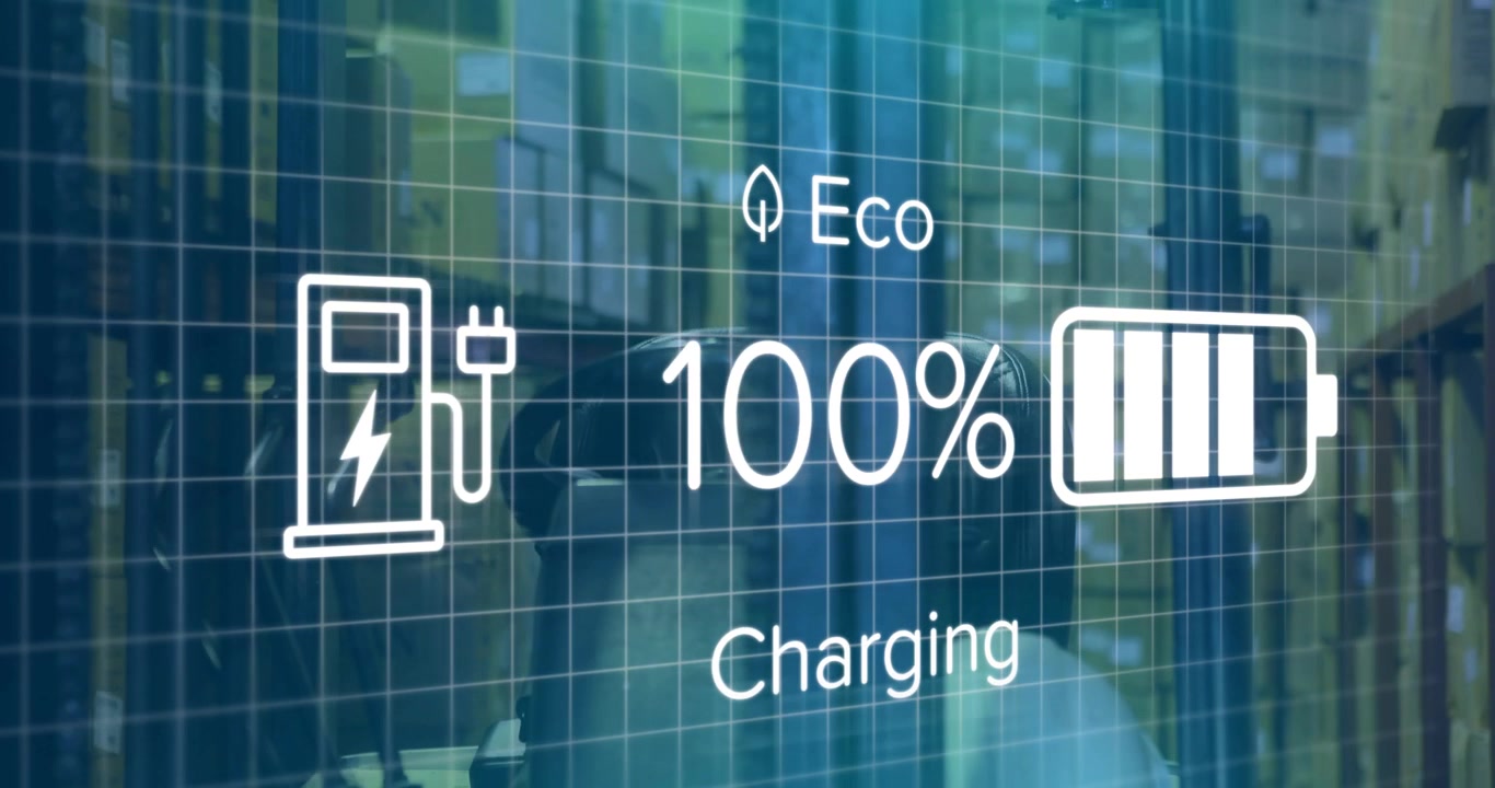 Interfaccia digitale di ricarica della batteria sovrapposta alla logistica di magazzino