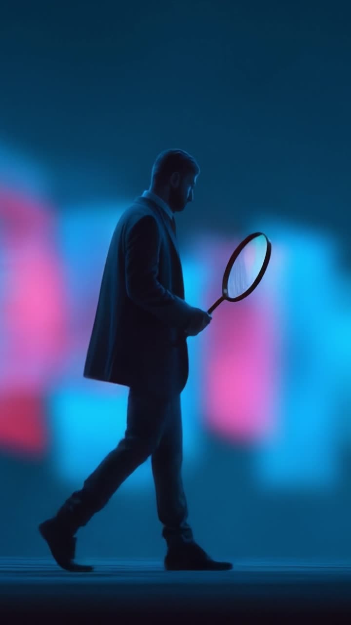 A Mysterious Walk: A Shadowy Figure Holding a Racquet Strolls Through an Ethereal Space, Surrounded by Abstract Colors and Shapes, Evoking Intrigue and Curiosity