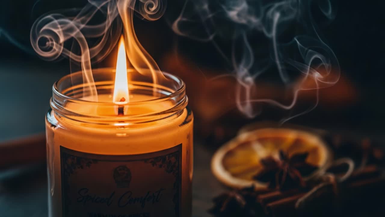 A Glowing Candle Surrounded by Aromatic Spices and Citrus, Emitting Gentle Smoke and Creating a Cozy Atmosphere for Relaxation and Comfort