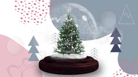 Animation-of-snow-globe-with-christmas-tree-over-fir-trees