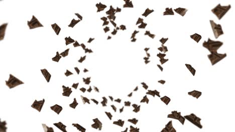 flying many chocolate pieces on black background. foods and sweets. milk and dark. 3d loop animation of chocolate rotating.