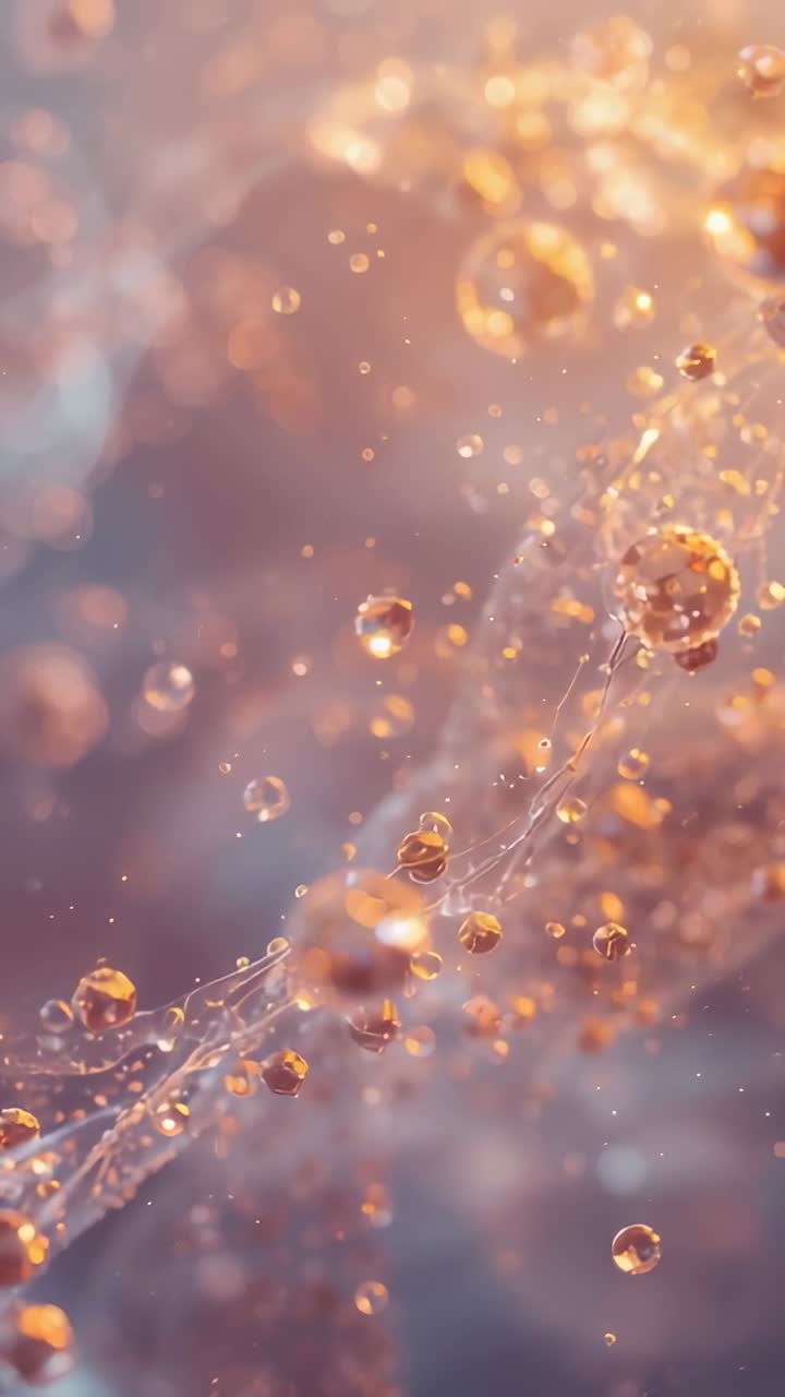 Video verticale: goccioline ambrate che si muovono su un filamento con messa a fuoco che cambia in macro con macchie scintillanti