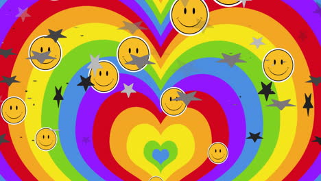 animation of pride lgbtq, smiley faces and stars falling over rainbow heart background