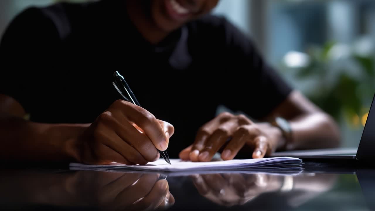 A focused individual diligently writing notes on a stack of papers, showcasing concentration and creativity in a serene workspace with soft lighting