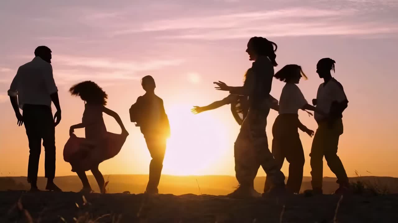 Nhóm người nhảy múa tạo hình bóng lúc hoàng hôn, được quay bằng video góc rộng để tạo không khí sôi động