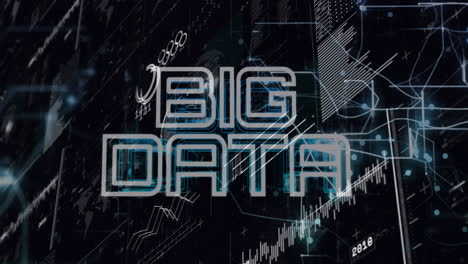 animation of data processing and diagrams with globe over big data text on black background