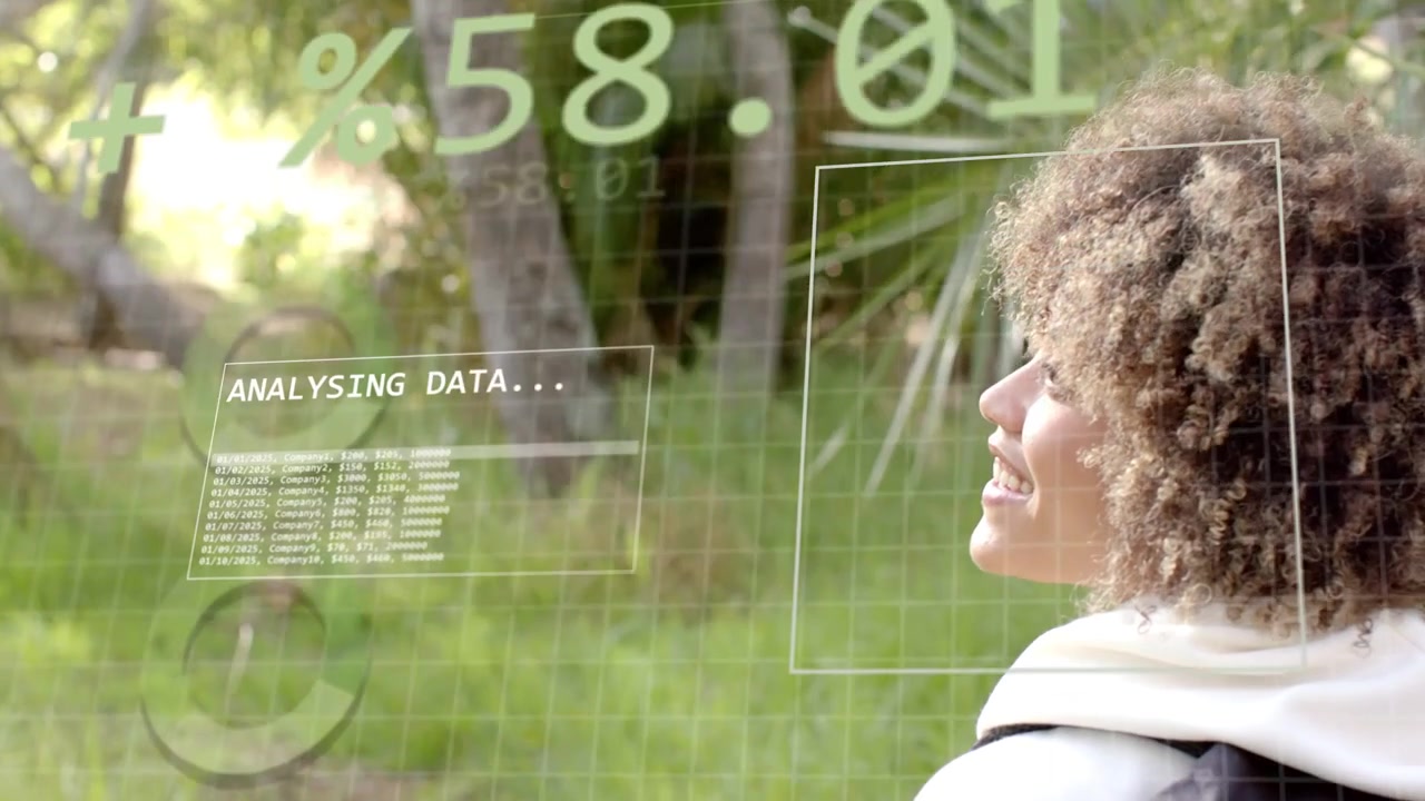 Woman with backpack pausing and turning away in park as HUD data updating for analysis