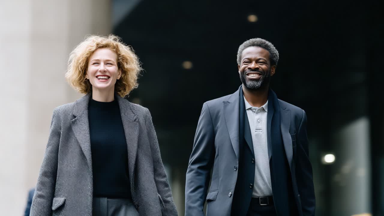 A Joyful Encounter: Two Friends Sharing Laughter and Smiles While Strolling Together in a Modern Urban Setting, Radiating Positivity and Connection