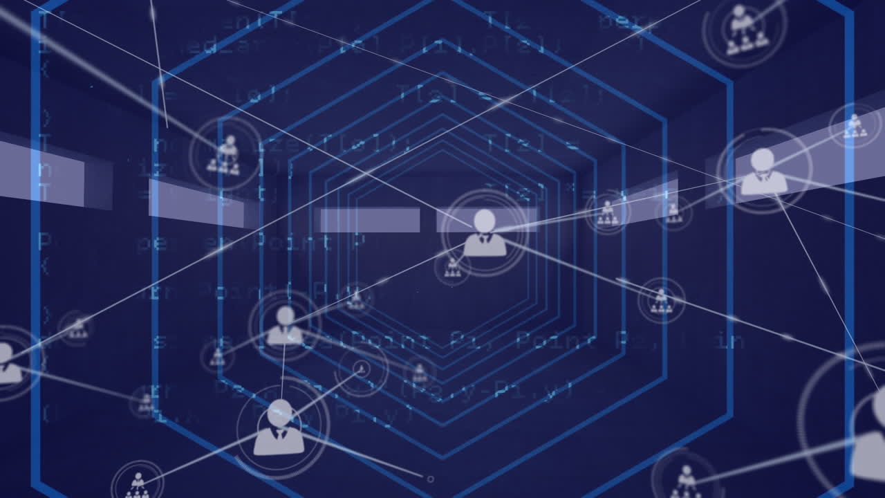 Animation of networks of connections with icons over data processing