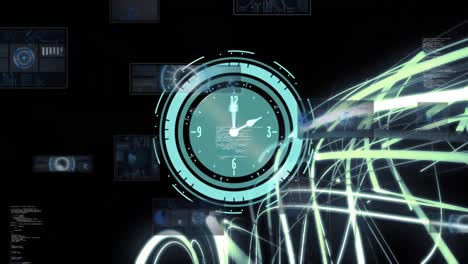 animación de un reloj que se mueve sobre una cadena de adn y un fondo negro con constelaciones