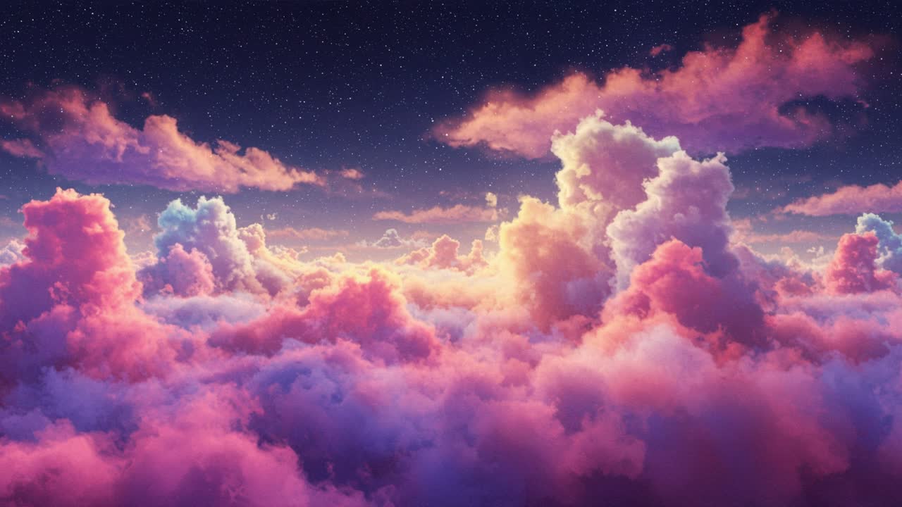 A breathtaking display of clouds during sunset creates a mesmerizing view. Soft pinks, purples, and oranges meld together, casting a warm glow across the horizon. Above, the stars begin to peek out as the day fades into night. This enchanting spectacle invites viewers to appreciate nature's beauty a
