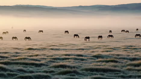 wild horses grazing in a misty field at sunrise