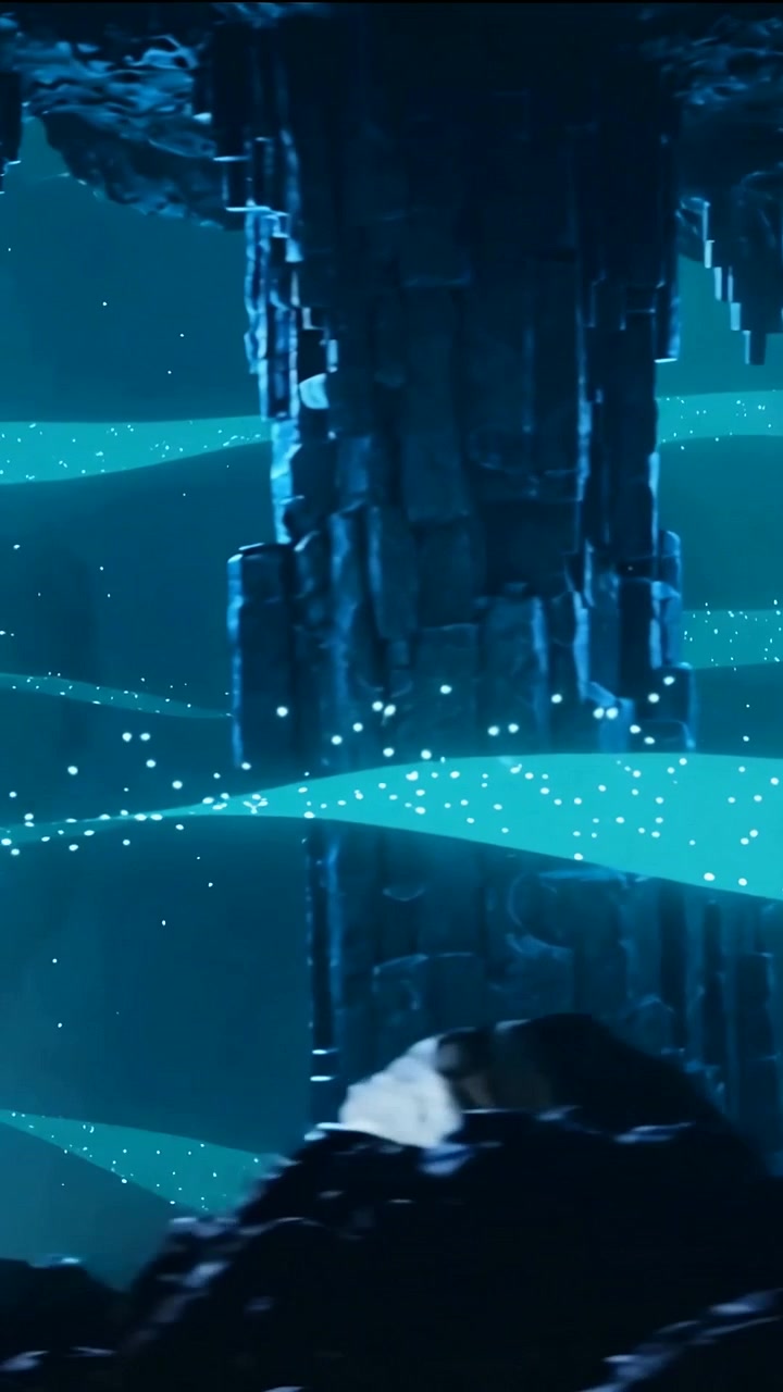 Video verticale: Telecamera in movimento che rivela una grotta, nastri color verde acqua che ondeggiano, particelle che formano colonne di luce.