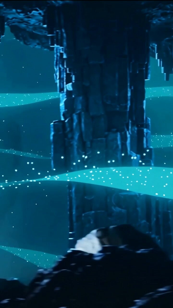 Vertical video: Panning camera revealing cave, teal ribbons waving, particles forming light pillars