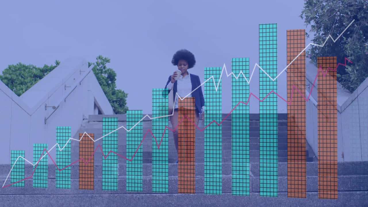 Woman descending stairs on descent, commuting, finance bars rising from left and obscuring her